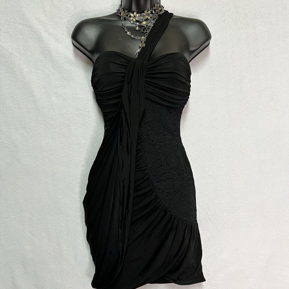 NWT Bebe Mazzy One Shoulder Black Ruched Mini Dress Size Small Y2K Going Out Hot